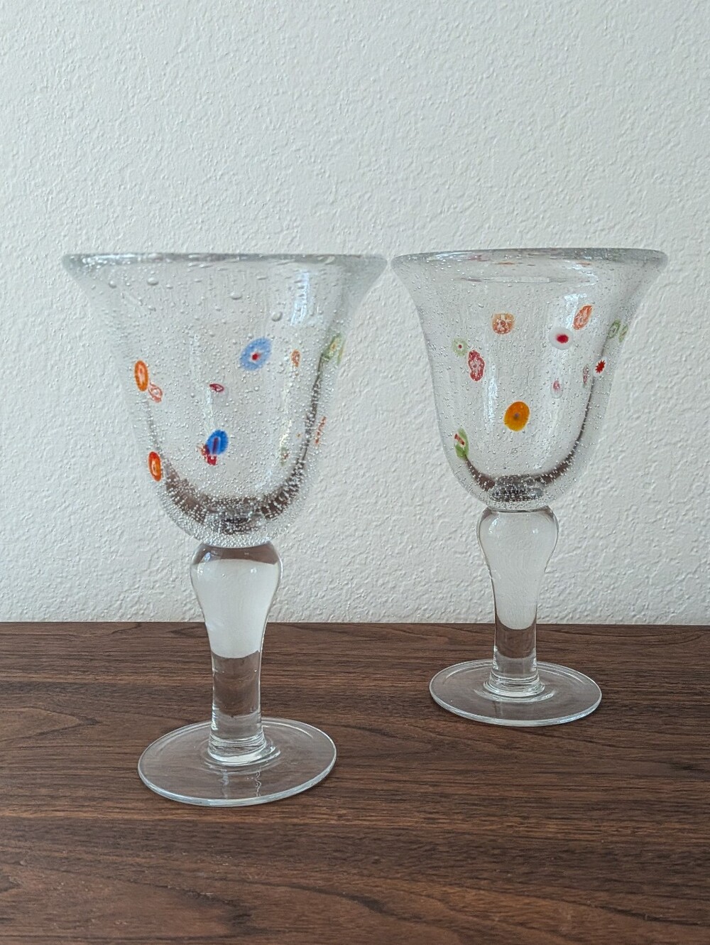 Set of 2 Millefiori Bubble Hand Blown Art Glasses Stemmed Wine/ Water Murano?